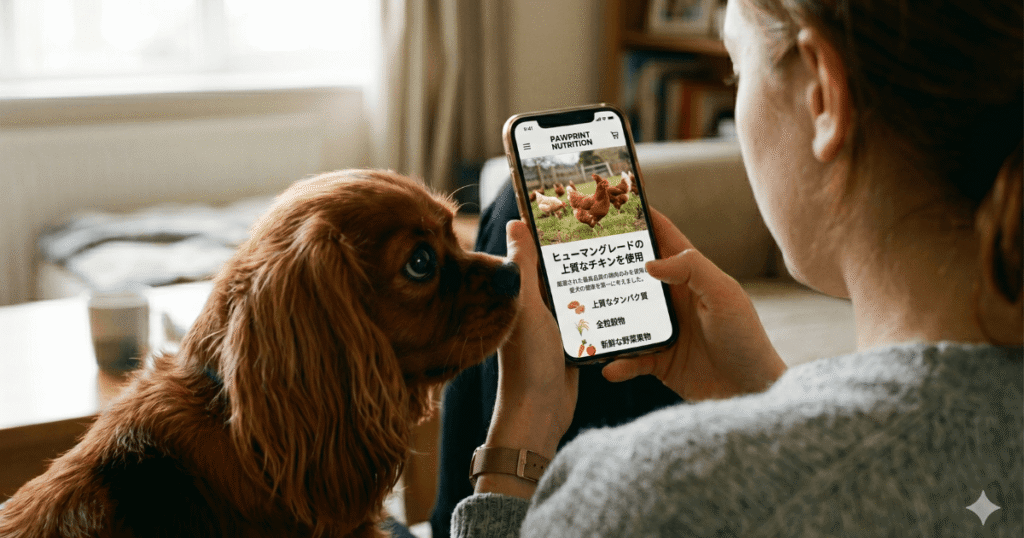 愛犬とスマホを見る飼い主