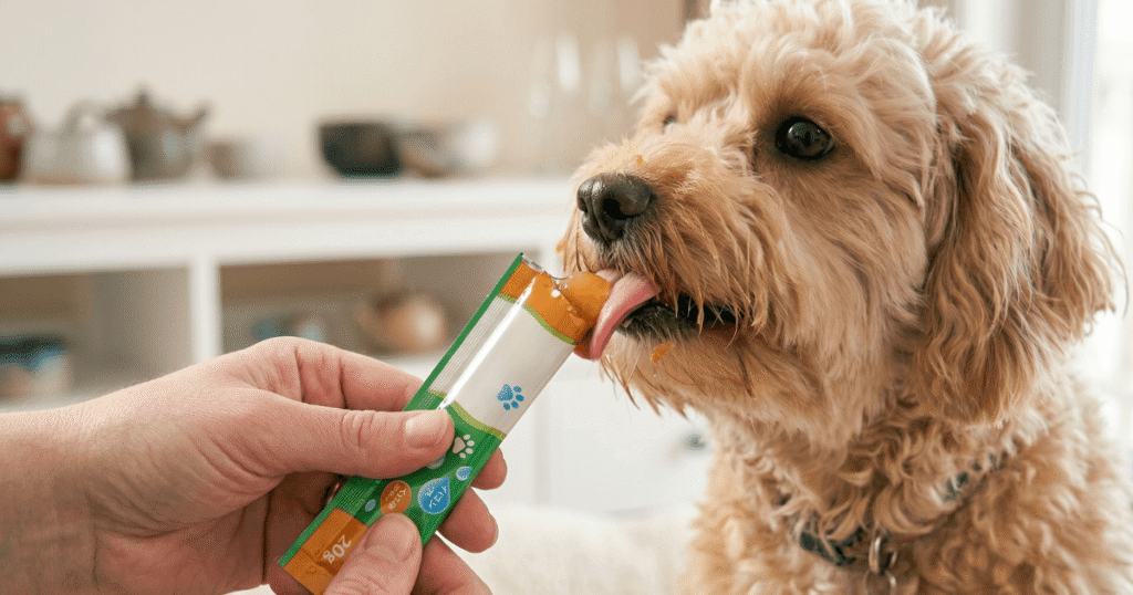 MIX犬の老犬がゼリーを食べている