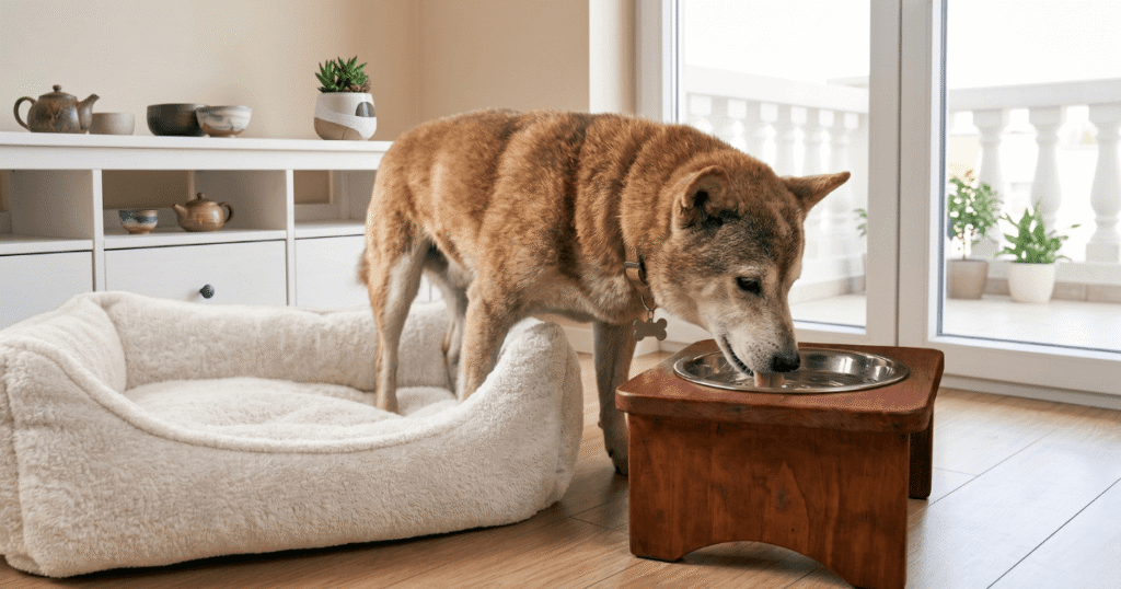 水を飲む柴犬の老犬