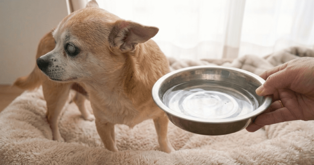老犬のチワワと水