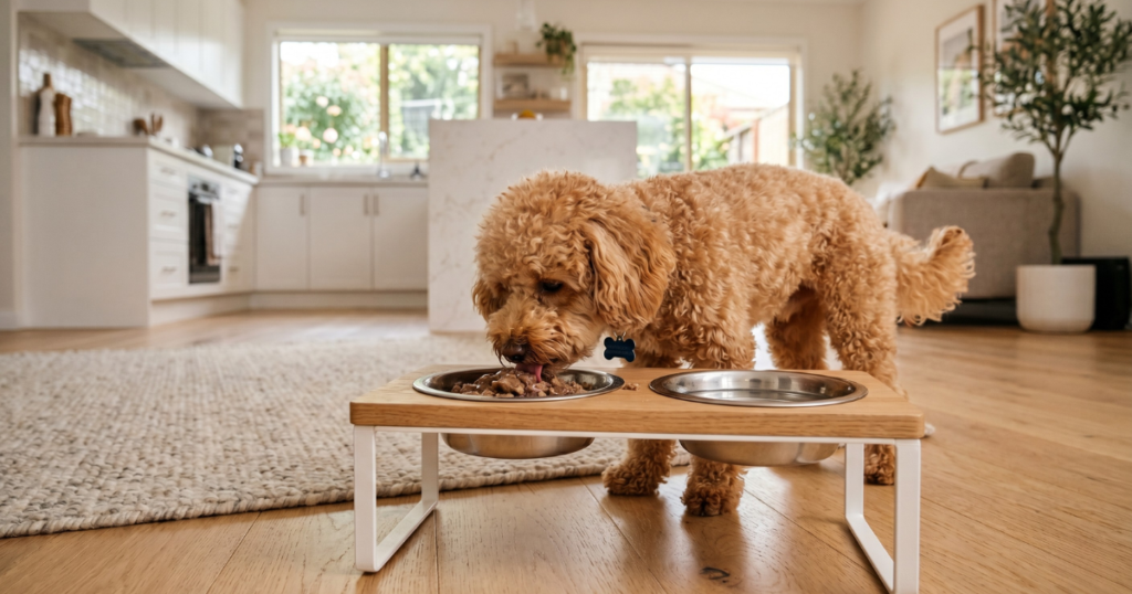 老犬のトイプードルがウェットフードを食べている様子